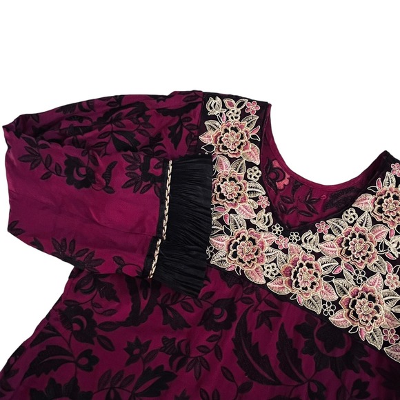 Vintage Kaftan Maxi Dress Sz M Magenta Embroidered Floral Boho Goth Whimsigoth - Picture 3 of 10